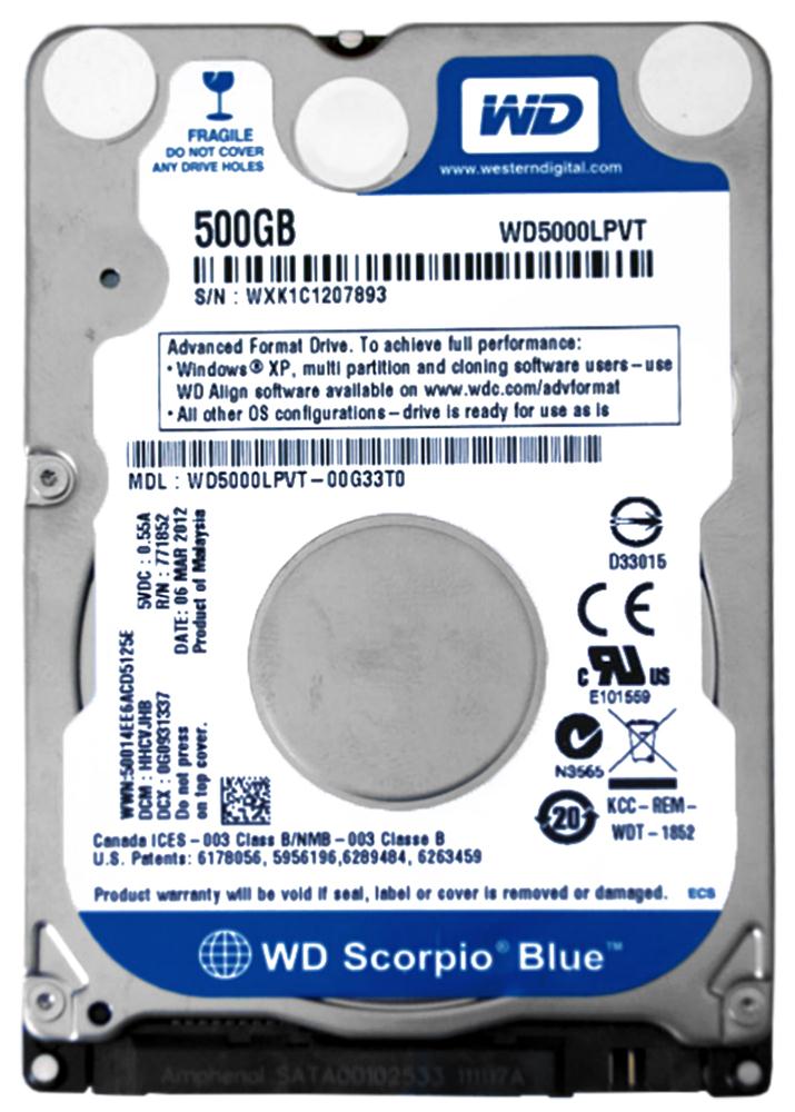 WD5000LPVT Western Digital Scorpio Blue 500GB 5400RPM SATA 3Gbps 8MB Cache 2.5-inch Internal Hard Drive