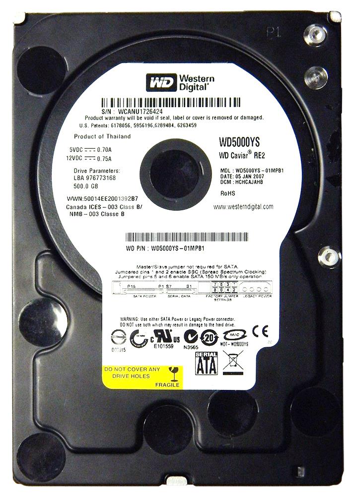 WD5000YS-01MPB1 Western Digital Caviar RE2 500GB 7200RPM SATA 3Gbps 16MB Cache 3.5-inch Internal Hard Drive