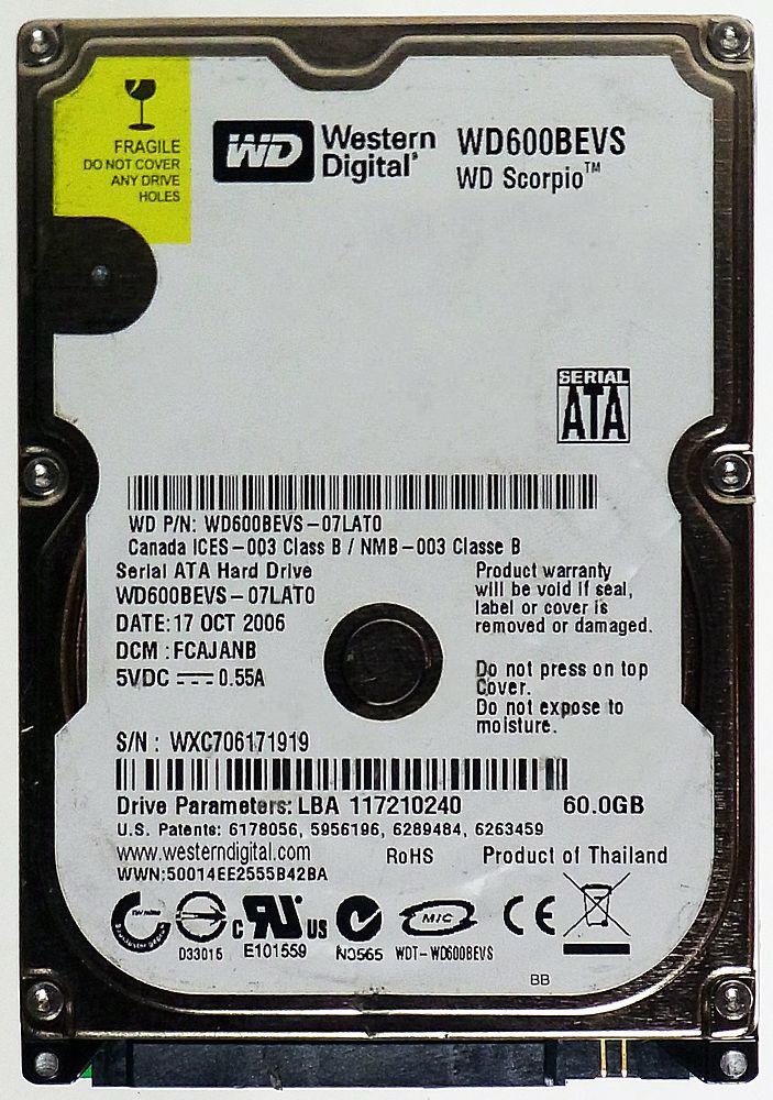 WD600BEVS Western Digital Scorpio 60GB 5400RPM SATA 1.5Gbps 8MB Cache 2.5-inch Internal Hard Drive