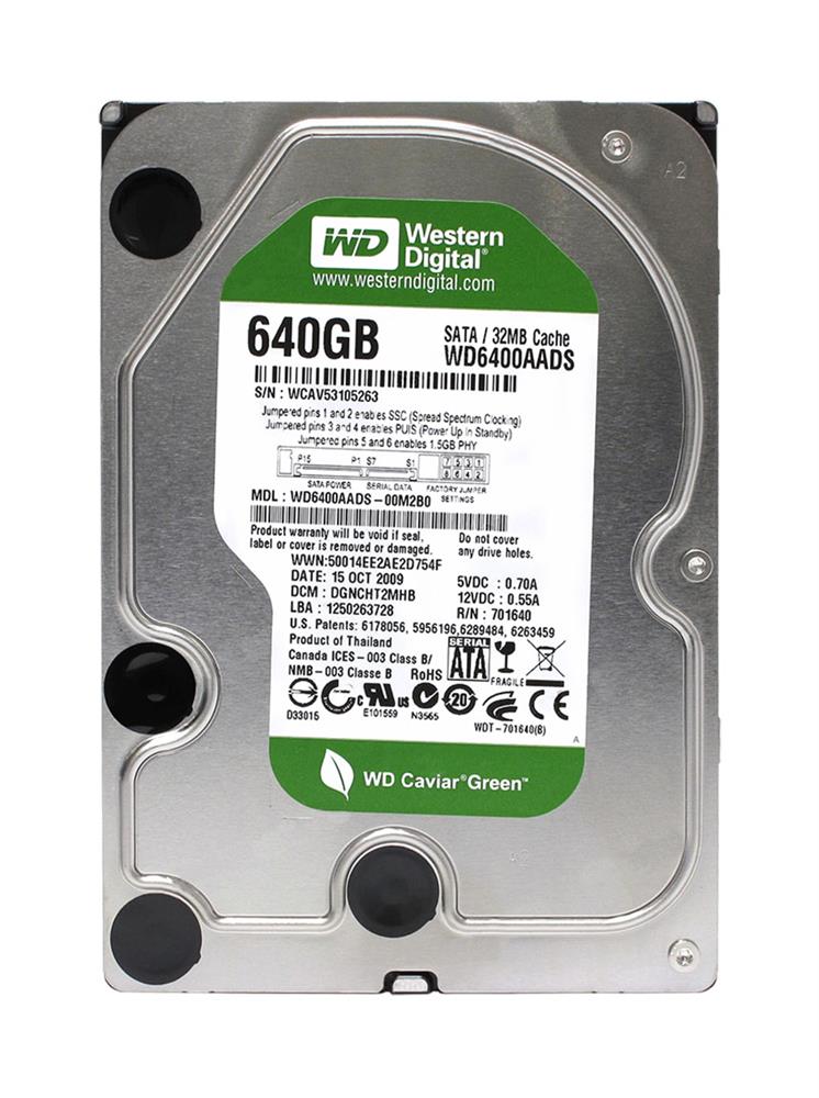 WD6400AADS Western Digital Caviar Green 640GB 5400RPM SATA 3Gbps 32MB Cache 3.5-inch Internal Hard Drive