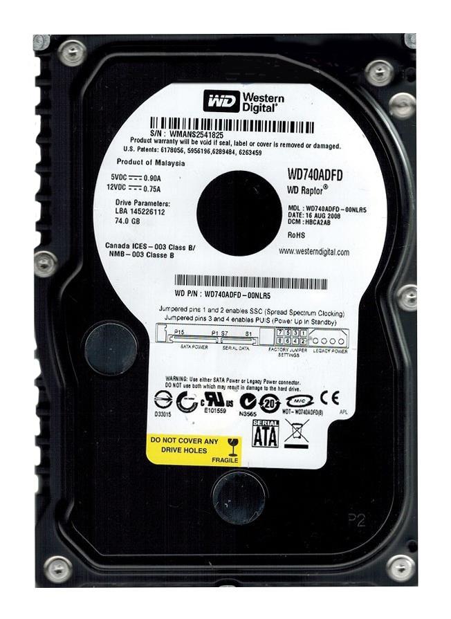WD740ADFD-00NLR5 Western Digital Raptor 74GB 10000RPM SATA 1.5Gbps 16MB Cache 3.5-inch Internal Hard Drive