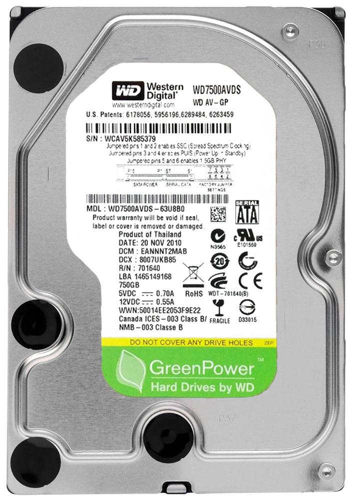 WD7500AVDS Western Digital AV-GP 750GB 5400RPM SATA 3Gbps 32MB Cache 3.5-inch Internal Hard Drive