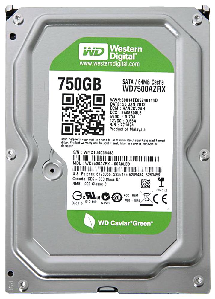 WD7500AZRX Western Digital Caviar Green 750GB 5400RPM SATA 6Gbps 64MB Cache 3.5-inch Internal Hard Drive