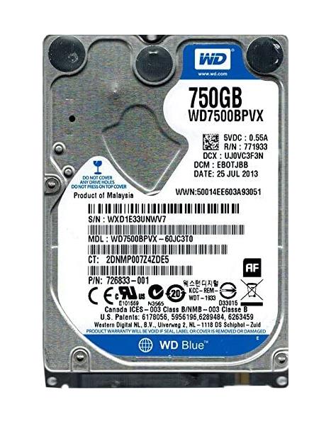 WD7500BPVX-60JC3T0 Western Digital Blue 750GB 5400RPM SATA 6Gbps 8MB Cache 2.5-inch Internal Hard Drive