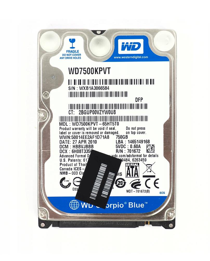 WD7500KPVT-65HT5TO Western Digital Scorpio Blue 750GB 5200RPM SATA 3Gbps 8MB Cache 2.5-inch Internal Hard Drive