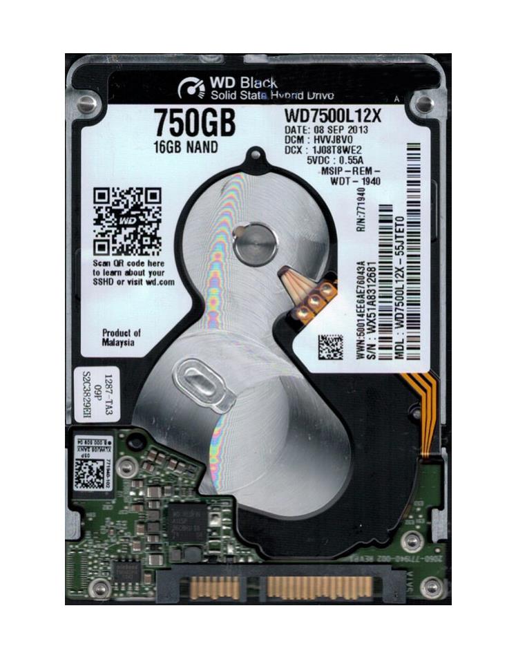 WD7500L12X-55JTETO Western Digital Black SSHD 750GB 5400RPM SATA 6Gbps 16MB Cache 16GB NAND SSD 2.5-inch Internal Hybrid Hard Drive