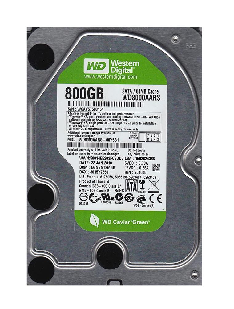WD8000AARS-OOY5B1 Western Digital Caviar Green 800GB 5400RPM SATA 3Gbps 64MB Cache 3.5-inch Internal Hard Drive