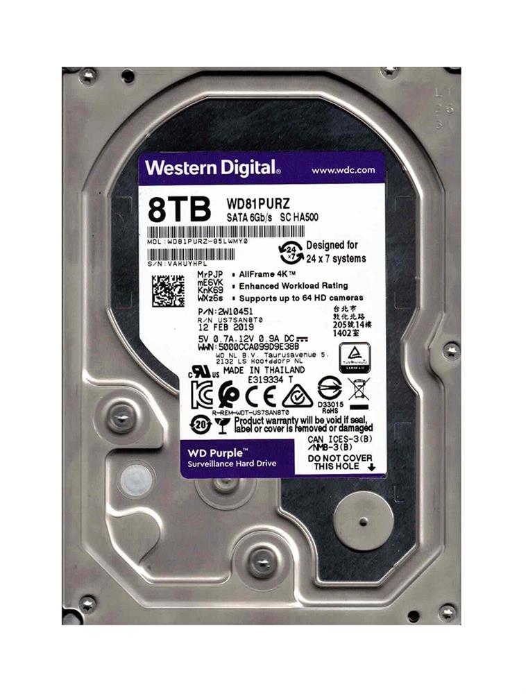 WD81PURZ-85LWMY0 Western Digital Purple Surveillance 8TB 5400RPM SATA 6Gbps 256MB Cache 3.5-inch Internal Hard Drive