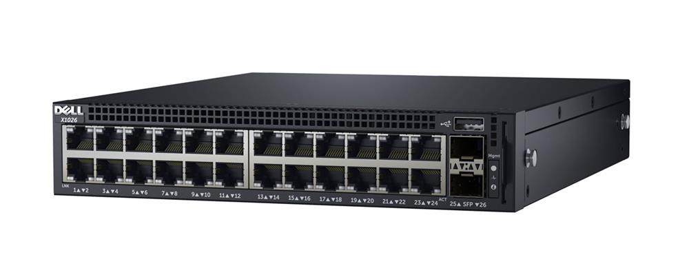X1026 Dell Ethernet Switch 24-Ports Manageable 2x Expansion Slots 10/100/1000Base-T 1000Base-X Twisted Pair Optical Fiber Gigabit Ethernet 2x SFP Slots 2 Layer Supported 1U Rack-mountable (Refurbished)