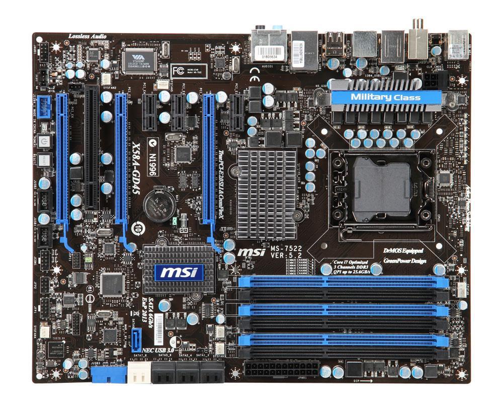 X58A-GD45-A1 MSI X58A-GD45 Socket LGA 1366 Intel X58 + ICH10R Chipset Core i7 Processors Support DDR3 6x DIMM 6x SATA2 3.0Gb/s ATX Motherboard (Refurbished)