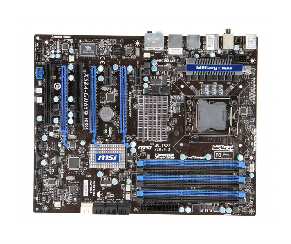 X58A-GD65 MSI Socket LGA 1366 Intel X58 + ICH10R Chipset Core i7 Processors Support DDR3 6x DIMM 6x SATA 3.0Gb/s ATX Motherboard (Refurbished)