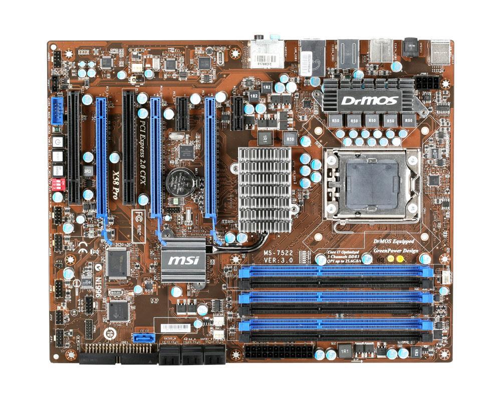 X58PROE7522019 MSI X58 PRO-E Socket LGA 1366 Intel X58 + ICH10R Chipset Core i7 Extreme Edition Core i7 Processors Support DDR3 6x DIMM 6x SATA 3.0Gb/s ATX Motherboard (Refurbished)