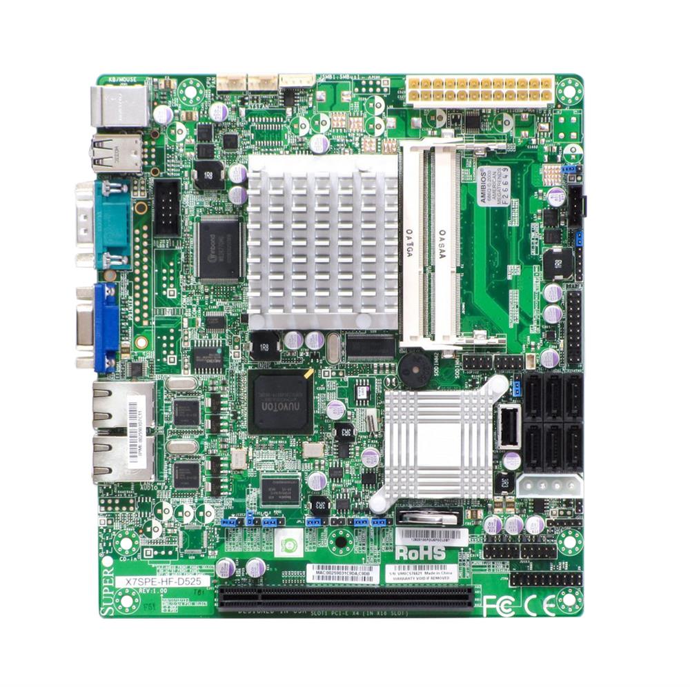 X7SPE-H-D525-O SuperMicro X7SPE-H-D525 Intel ICH9R Chipset Intel Atom D525 Processors Support DDR3 2x DIMM 6x SATA2 3.0Gb/s Flex-ATX Motherboard (Refurbished)