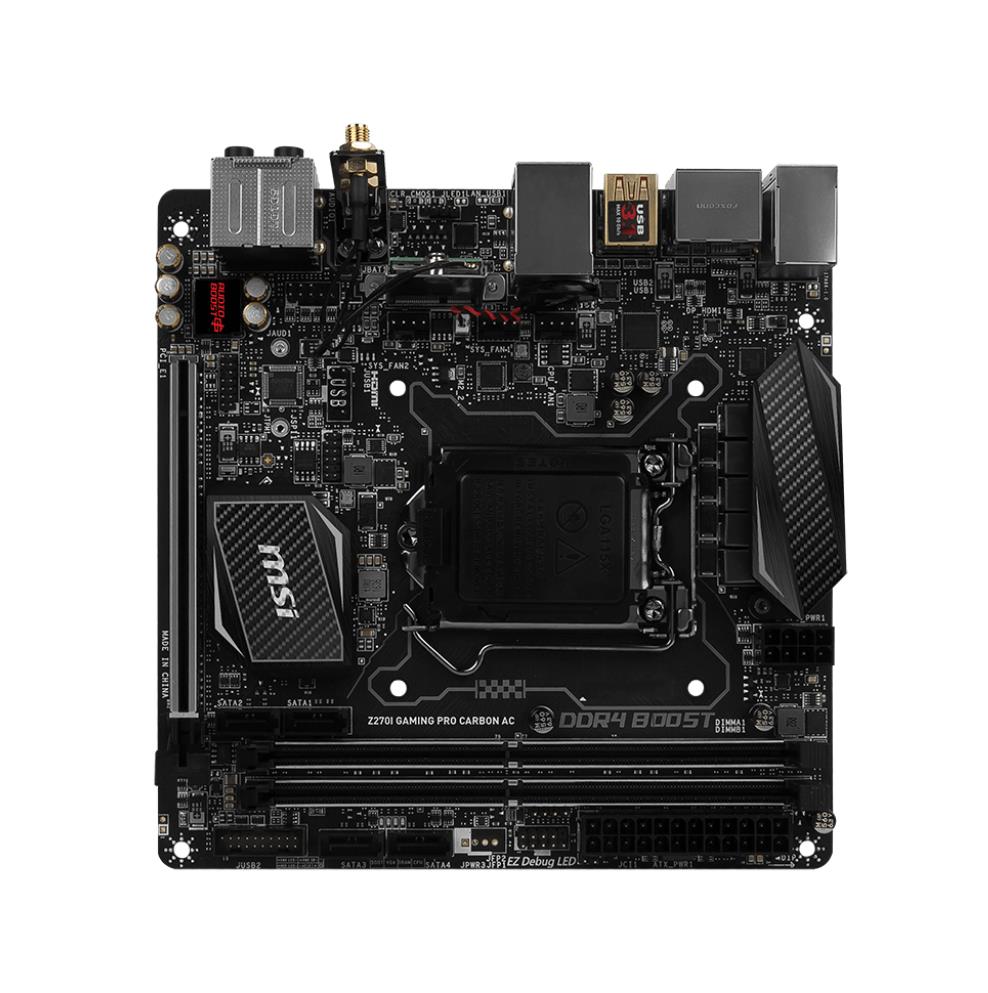 Z270IGAMINGPROCARBONAC MSI Socket LGA 1151 Intel Z270 Chipset 7th/6th Generation Core i7 / i5 / i3 / Pentium / Celeron Processors Support DDR4 2x DIMA 4x SATA 6.0Gb/s Mini-ITX Motherboard (Refurbished) Z270I GAMING PRO CARBON AC